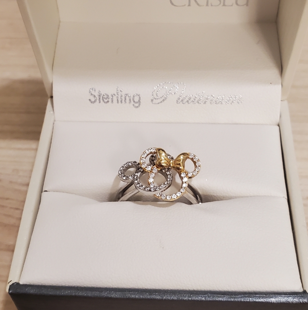 Womans Disney Parks Crislu Platnium Mickey & Minnie Ring, Size 6